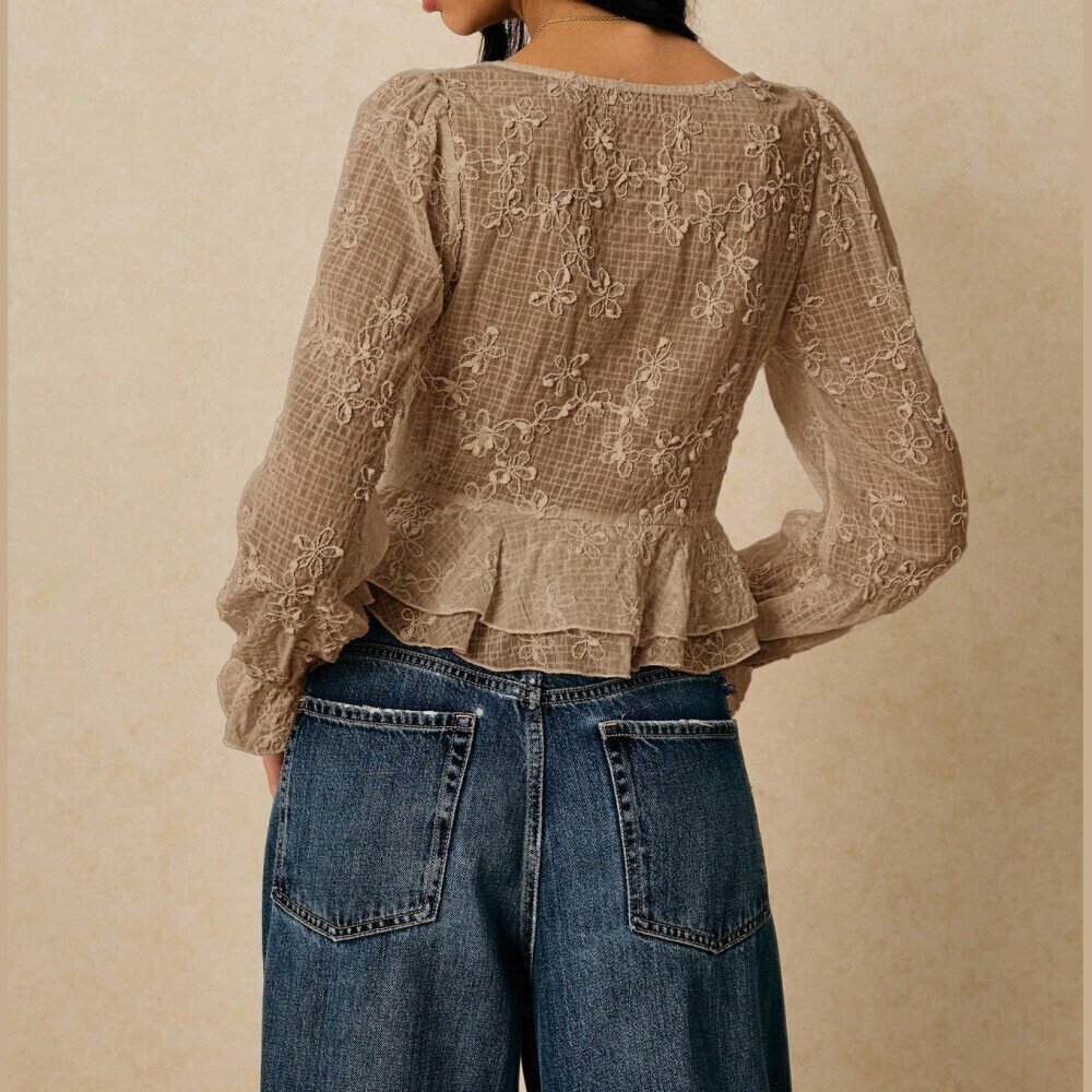 Tan Lace Semi-Sheer Tie-Front Peplum Blouse with Ruffle Cuffs - Picture 7 of 9